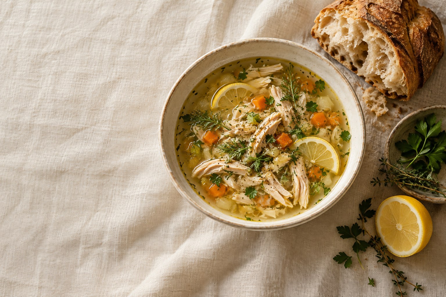 A comforting bowl of lemon and herb soup with sourdough and fresh ingredients