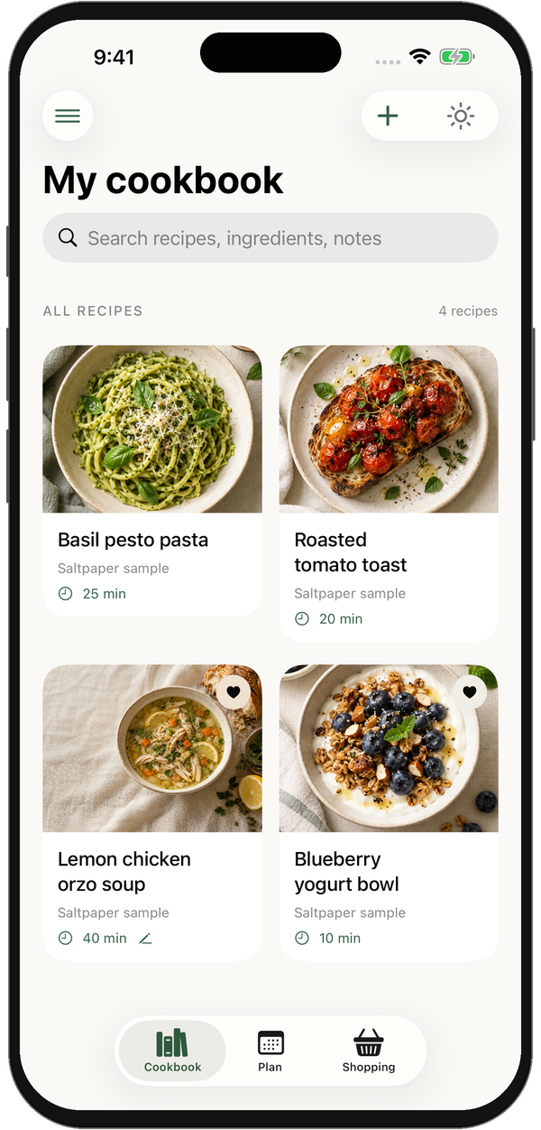 Saltpaper cookbook with saved sample recipes